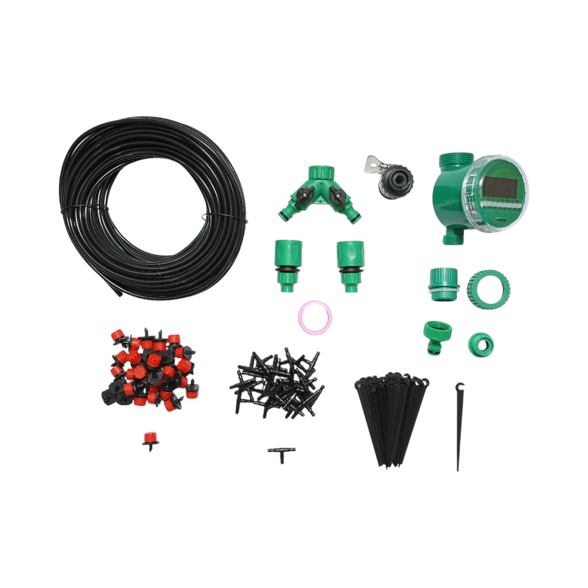 Complete drip irrigation kit with 25m hose, timer, nozzles, connectors, 100 fixing stakes